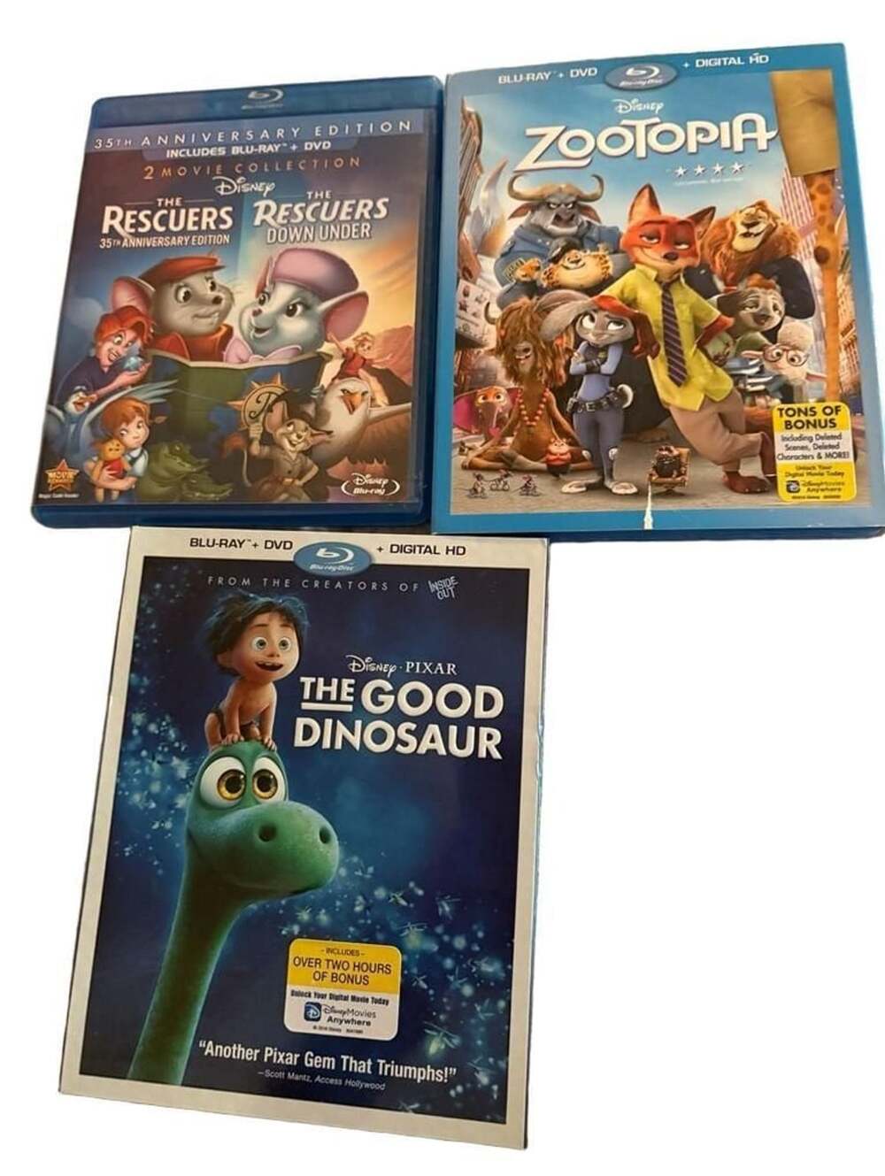 Disney 4 Movie Lot Rescuers & Down Under Good Dinosaur Zootopia